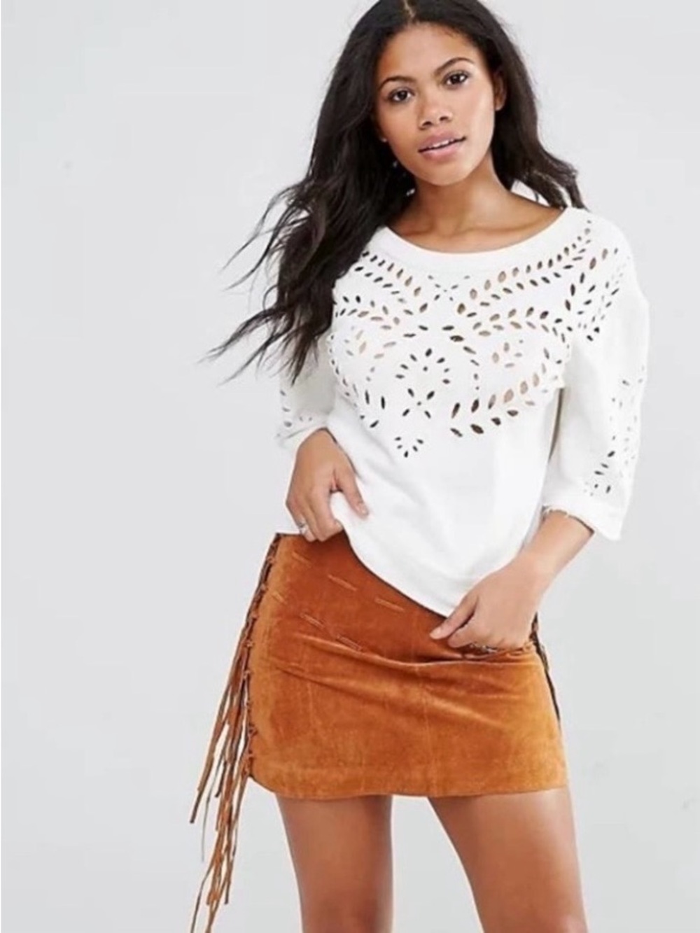 Free People Crumpette Cropped Eyelet Sweatshirt Ivory Boho Cottagecore Small